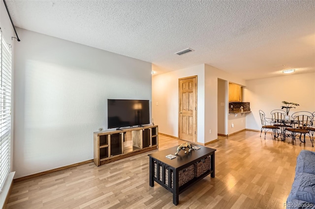 living room with a textured ceiling, light hardwood / wood-style floors, and a healthy amount of sunlight