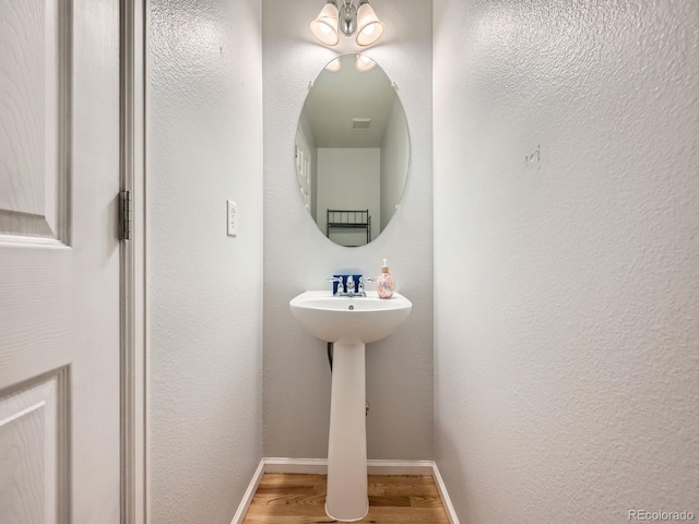 bathroom with hardwood / wood-style floors