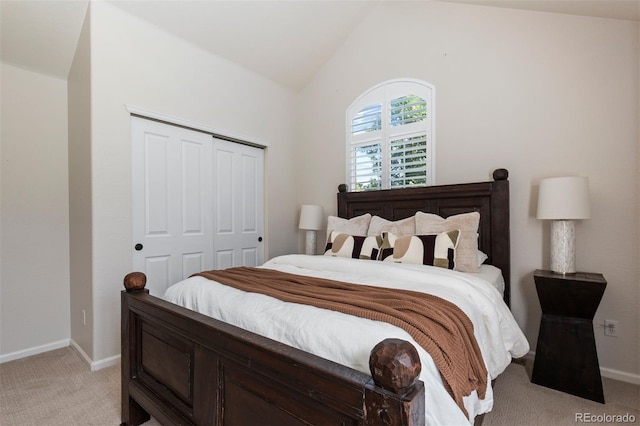 7746 E Severn Pl, Denver, CO 80230 - bedroom with light colored carpet, vaulted ceiling, and a closet