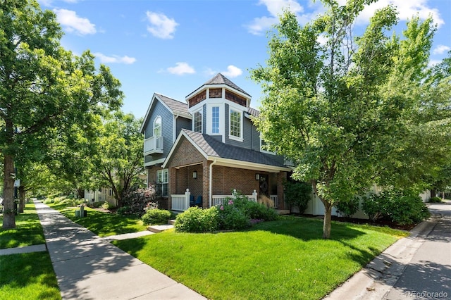 7746 E Severn Pl, Denver, CO 80230 - view of front facade featuring brick siding, a porch, a front lawn, and a shingled roof
