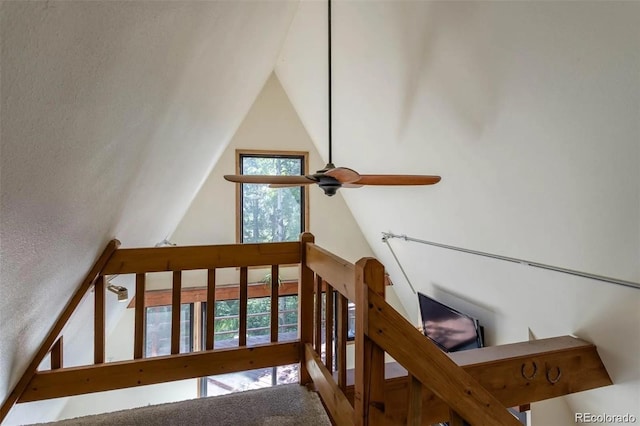 100 Aspen Ln, Evergreen, CO 80439 - stairs featuring ceiling fan and vaulted ceiling