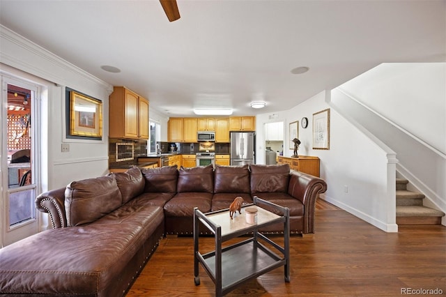 living area featuring baseboards, dark wood finished floors, and stairway