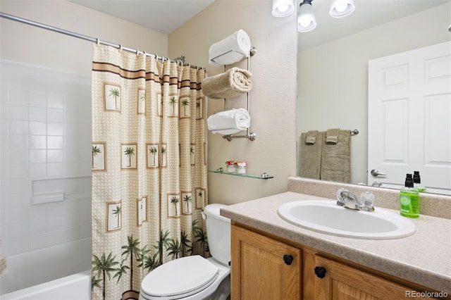 bathroom with toilet, shower / bathtub combination with curtain, and vanity