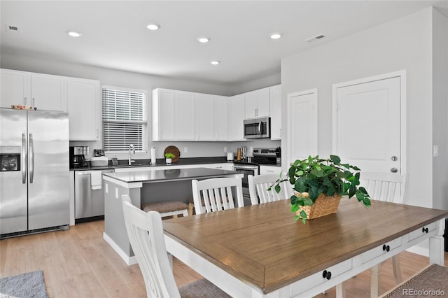 kitchen featuring visible vents, a kitchen island, white cabinets, stainless steel appliances, and a sink