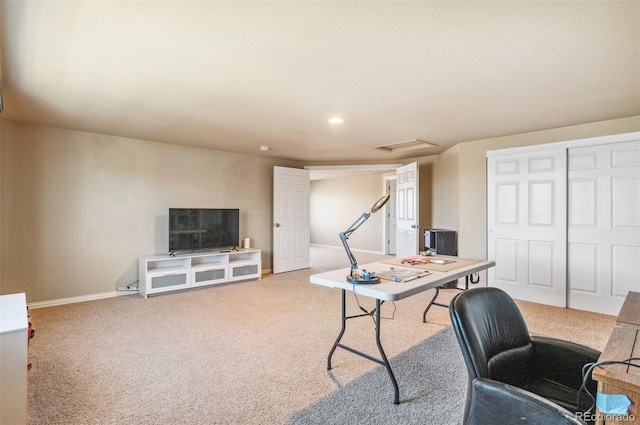 carpeted office space with recessed lighting and baseboards