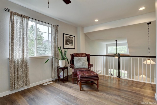 9079 Garnet St, Highlands Ranch, CO 80126 - living area featuring ceiling fan, wood finished floors, baseboards, and recessed lighting