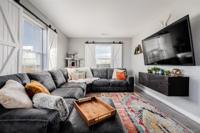 living room featuring a barn door and hardwood / wood-style flooring