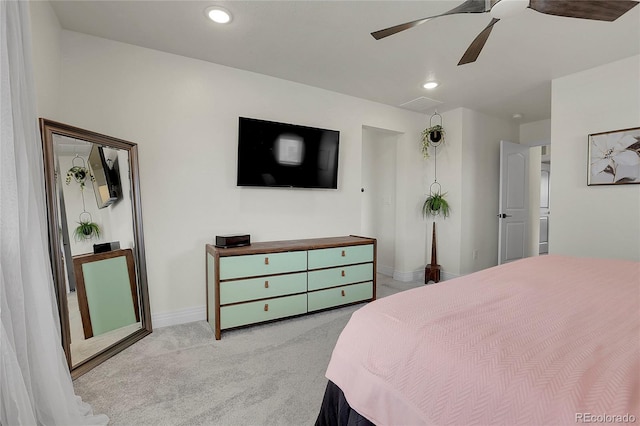 16818 E 119th Ave Unit A, Commerce City, CO 80022 - bedroom featuring light carpet, baseboards, recessed lighting, and ceiling fan