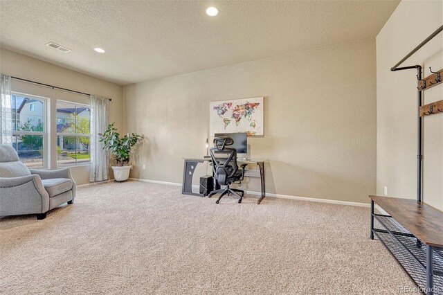 7963 Bonfire Trl, Fountain, CO 80817 - home office featuring carpet floors, a textured ceiling, baseboards, and recessed lighting