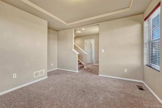 7963 Bonfire Trl, Fountain, CO 80817 - spare room with carpet, stairway, a raised ceiling, and baseboards