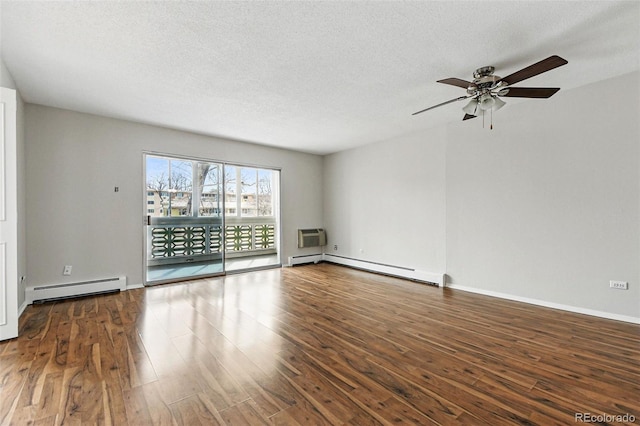 spare room with a baseboard radiator, wood finished floors, a textured ceiling, and ceiling fan