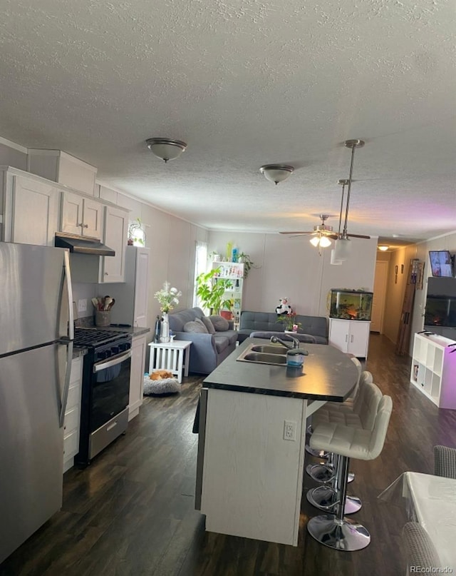 431 N 35th Ave Unit 51, Greeley, CO 80631 - kitchen featuring appliances with stainless steel finishes, a sink, a textured ceiling, dark wood-type flooring, and open floor plan