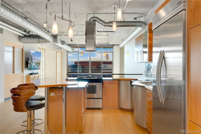 kitchen with island range hood, a kitchen island, appliances with stainless steel finishes, light wood finished floors, and a kitchen bar