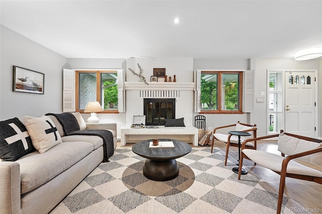 11 S Albion St, Denver, CO 80246 - living area with healthy amount of natural light, a fireplace, and wood finished floors