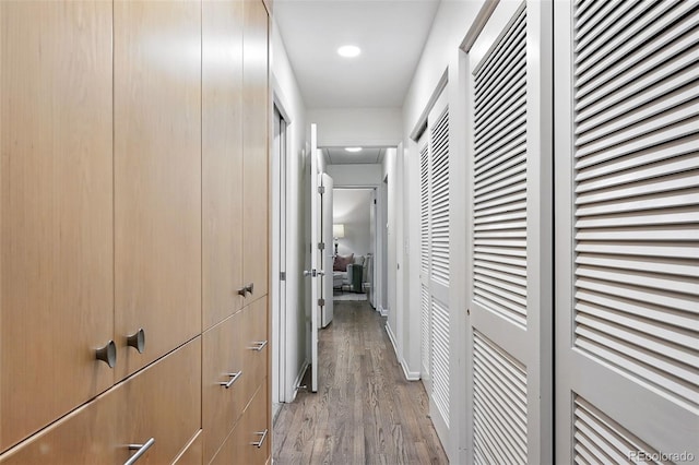 11 S Albion St, Denver, CO 80246 - hall with wood finished floors, recessed lighting, and attic access