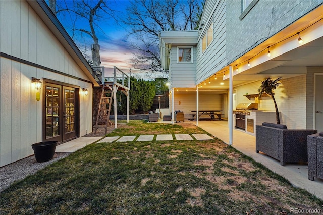 11 S Albion St, Denver, CO 80246 - view of green lawn with outdoor lounge area, french doors, and a patio area