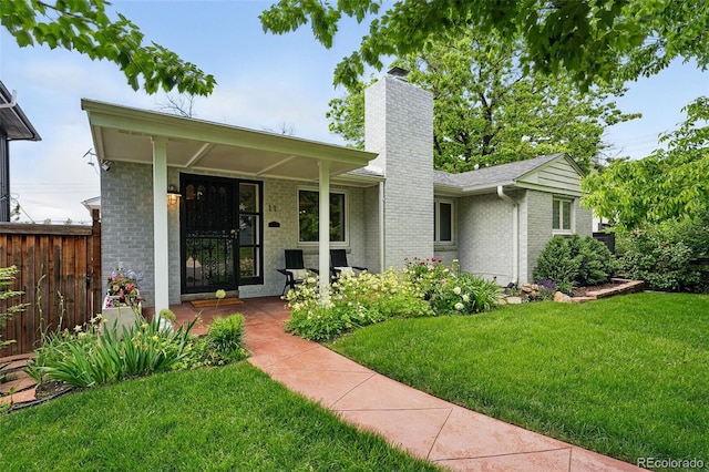 11 S Albion St, Denver, CO 80246 - single story home featuring a chimney, brick siding, and a porch
