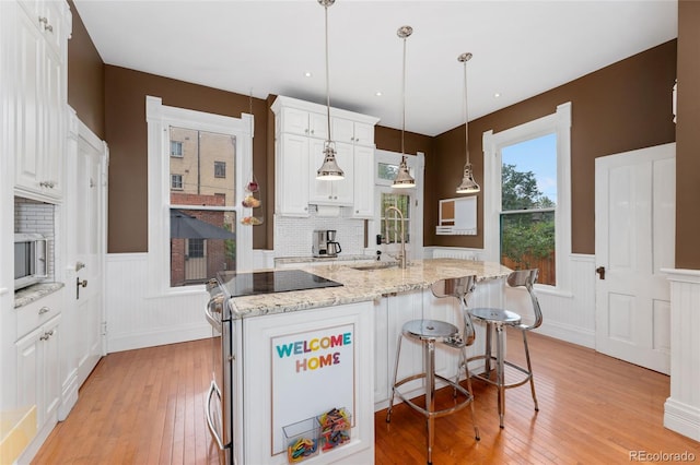 1154 N Clarkson St, Denver, CO 80218 - kitchen with light wood-style flooring, wainscoting, white cabinets, light stone counters, and a decorative wall