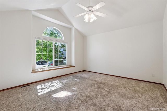 13457 Glen Cir, Broomfield, CO 80020 - spare room featuring carpet, lofted ceiling, and ceiling fan