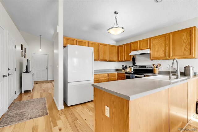 2659 S Halifax St, Aurora, CO 80013 - kitchen featuring freestanding refrigerator, stainless steel range with electric stovetop, under cabinet range hood, a peninsula, and light wood-style floors