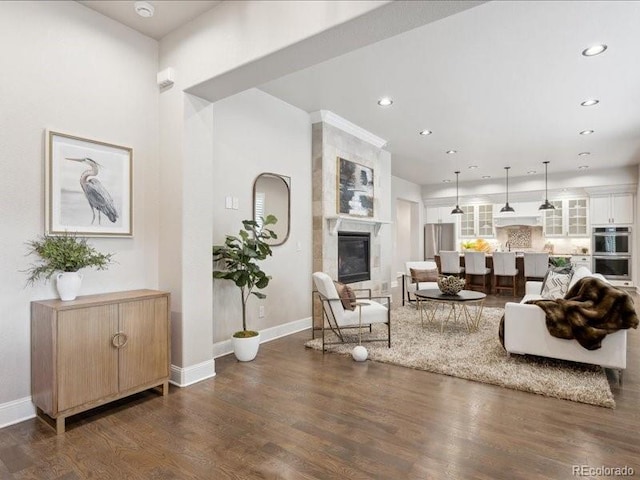 living room featuring dark hardwood / wood-style floors and a large fireplace