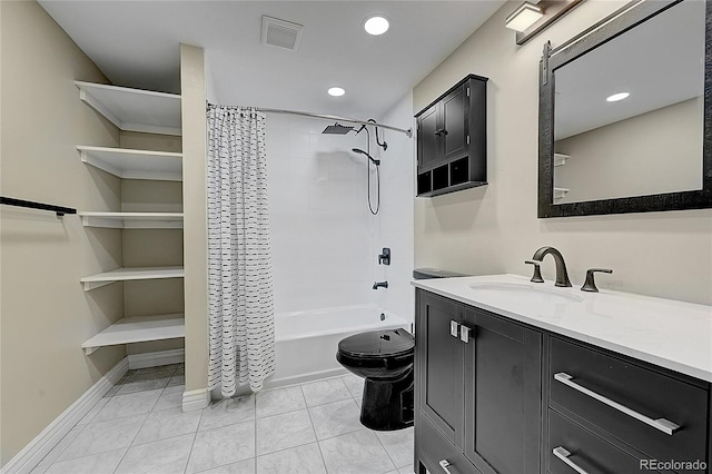 full bathroom with vanity, toilet, shower / bathtub combination with curtain, and tile patterned floors