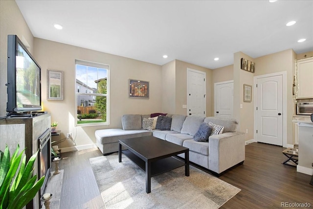 living room featuring a fireplace and dark hardwood / wood-style flooring