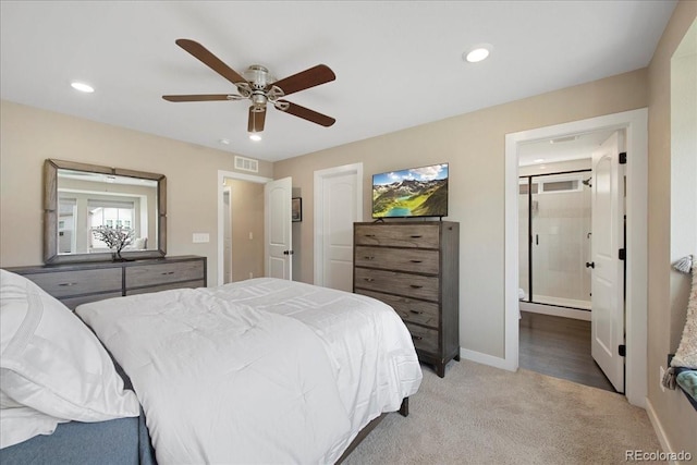 bedroom featuring light carpet and ceiling fan