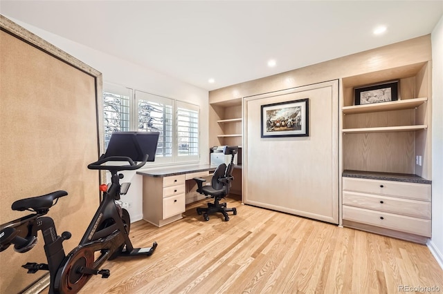 home office featuring light hardwood / wood-style floors and built in features