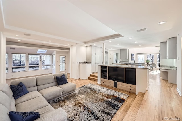 2 Elm St, Denver, CO 80220 - living room with light wood-style flooring, recessed lighting, and a skylight