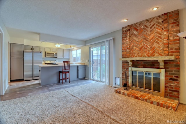 10320 E Jewell Ave Unit 63, Aurora, CO 80247 - kitchen featuring stainless steel appliances, a textured ceiling, a fireplace, ceiling fan, and gray cabinetry