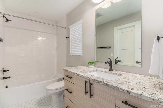 full bathroom with vanity, tile patterned flooring, shower / washtub combination, and toilet