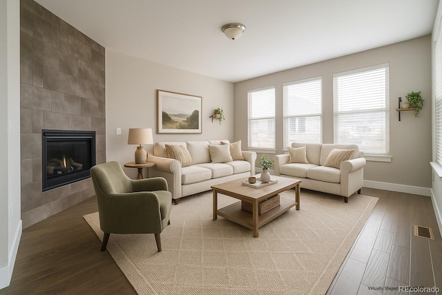 8791 Culebra Ct, Arvada, CO 80007 - living area featuring wood finished floors, baseboards, and a fireplace