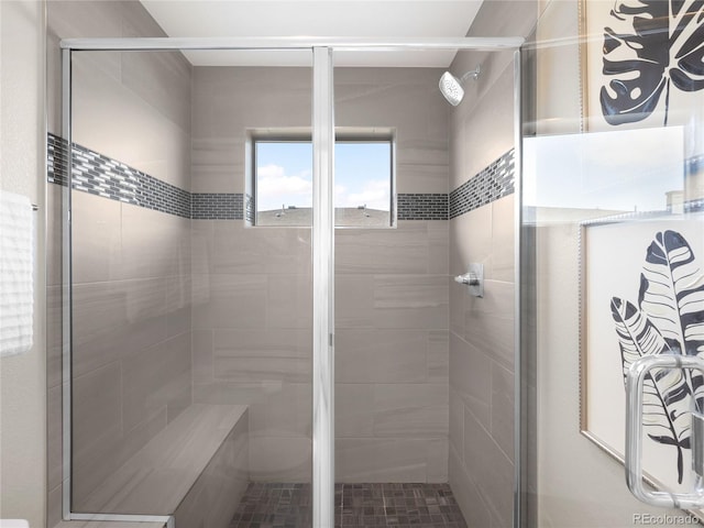 bathroom featuring a shower with shower door