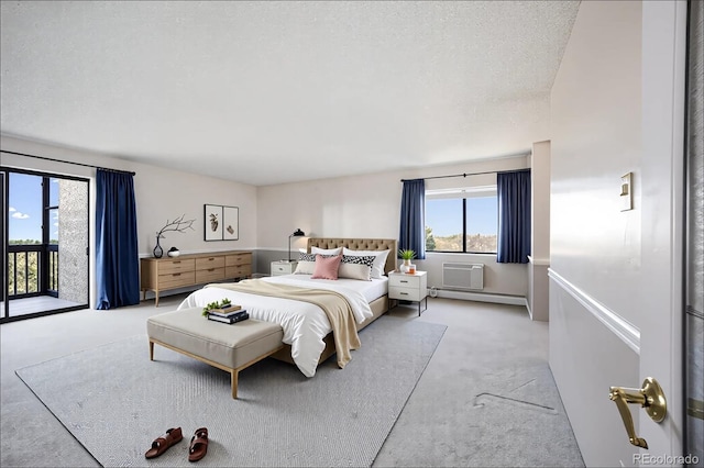 bedroom featuring light colored carpet and a baseboard radiator