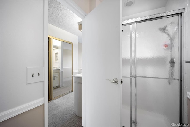bathroom featuring vanity and a shower stall