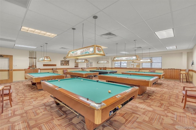 playroom featuring a paneled ceiling, pool table, and carpet
