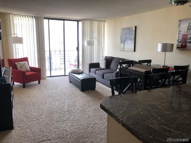 carpeted living room featuring a textured ceiling