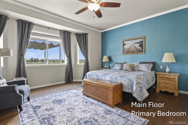 3973 Palmer Ridge Dr, Parker, CO 80134 - bedroom featuring ornamental molding, wood finished floors, and ceiling fan