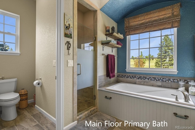 3973 Palmer Ridge Dr, Parker, CO 80134 - full bathroom with a garden tub, a shower stall, a textured wall, and lofted ceiling