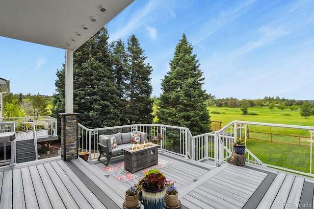 3973 Palmer Ridge Dr, Parker, CO 80134 - deck featuring an outdoor living space, a lawn, view of wooded area, and stairs