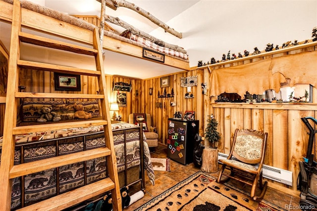 wine room with wood walls