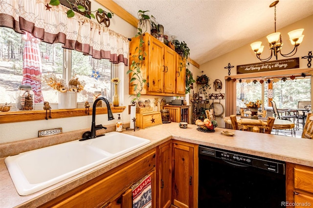 kitchen featuring sink, vaulted ceiling, a textured ceiling, black dishwasher, and a wealth of natural light