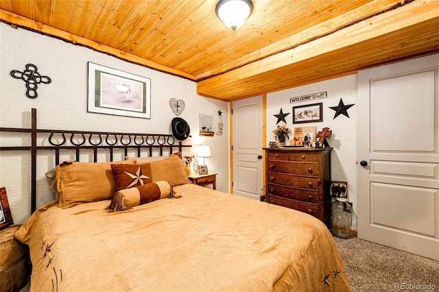 bedroom with carpet flooring and wooden ceiling