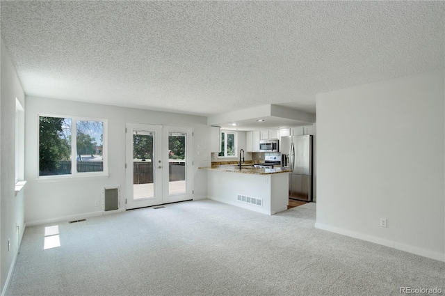 5163 E 123rd Ct, Thornton, CO 80241 - unfurnished living room with light carpet, french doors, and a textured ceiling