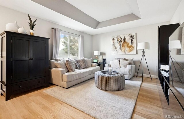 living room with a tray ceiling and light wood-type flooring