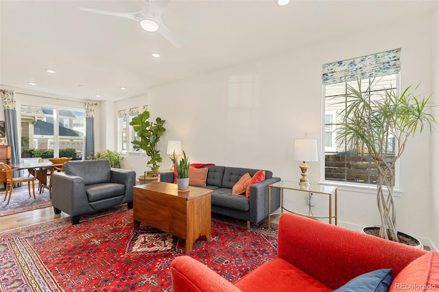 living room with wood-type flooring and ceiling fan