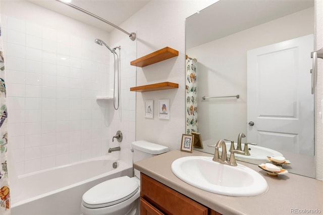 full bathroom featuring vanity, toilet, and shower / tub combo with curtain