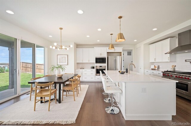 14391 Shasta Daisy Pt, Parker, CO 80134 - kitchen with appliances with stainless steel finishes, wall chimney range hood, a sink, decorative backsplash, and recessed lighting