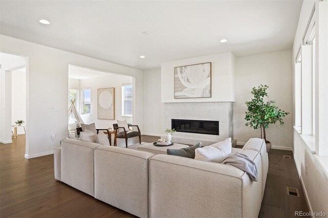 14391 Shasta Daisy Pt, Parker, CO 80134 - living room with dark wood-style flooring, a fireplace, baseboards, and recessed lighting